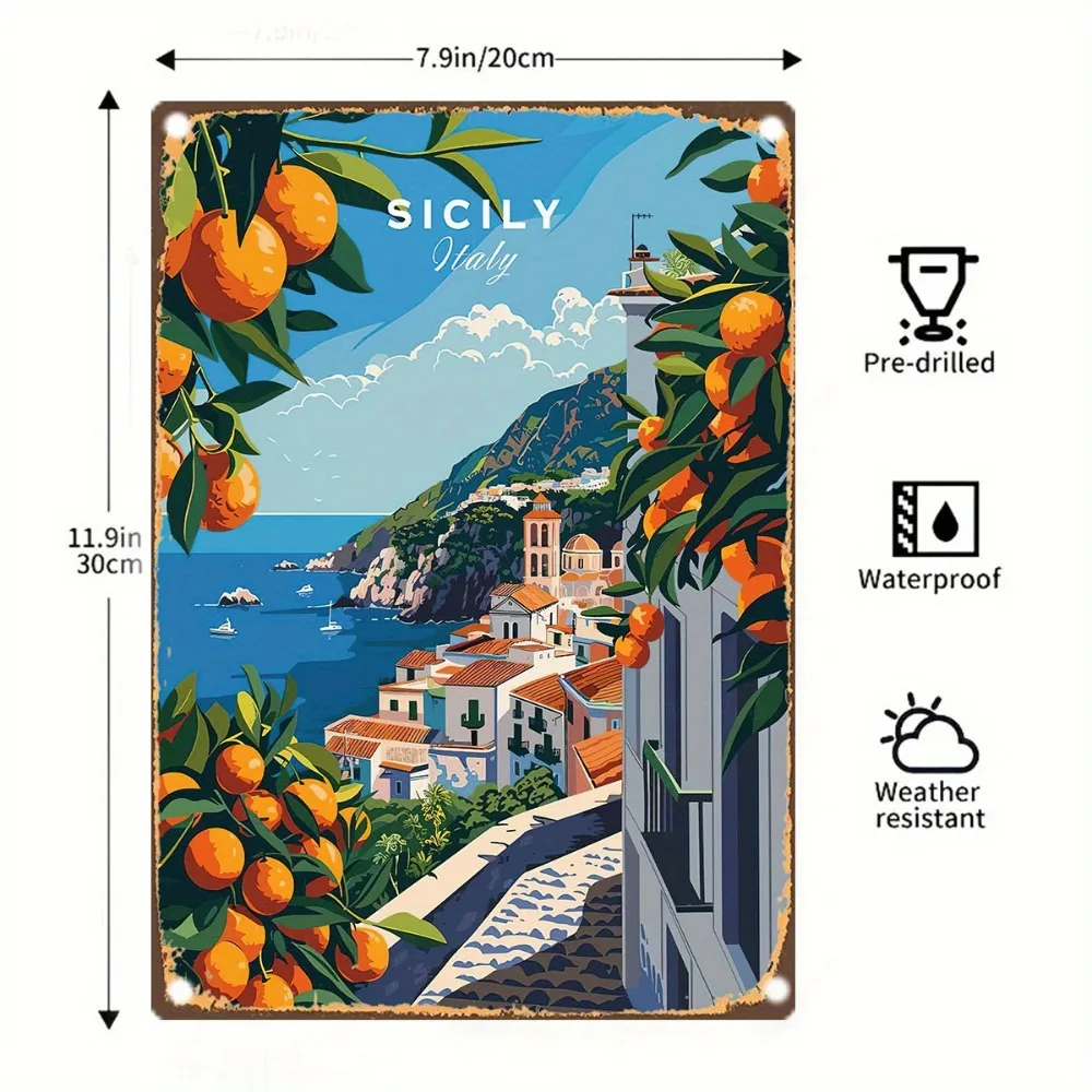 （2D Tin painting）Vintage Sicily Italy Metal Sign - Mediterranean Orange Coast Wall Decor for Living Room & Vacation Home