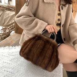 Women's Mink Fur Handbag 2022 New Fashion Designer Fluffy Fur Wrist Bag Large Capacity Soft Shopping Bag Girl Cute Handbag