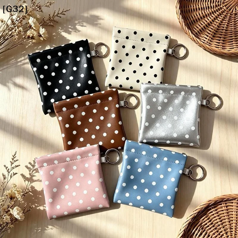 PU Leather Spring-loaded Polka Dot Coin Purse With Key Ring Compact Design For Storing Coins Cards Keys Daily Use【G32】