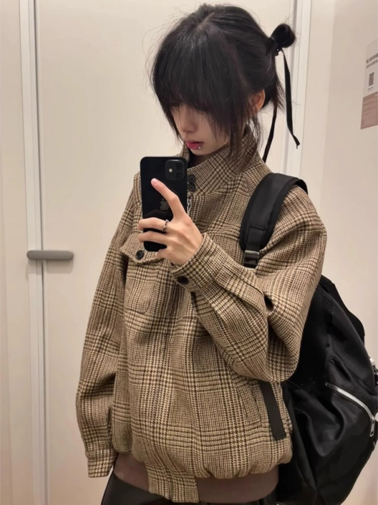 

American Sle Woolen Jaet ort Collar Plaid Pattern Men Women Winter Warm Cleanfit Outerwear Casual Commute Sport