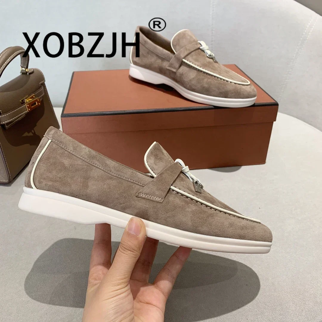 Loafers Summer Walk Shoes Moccasines Suede Women Spring Autumn Fashion Causal Leather Metal Pendant Flat Shoes Lazy SlipOn Mules