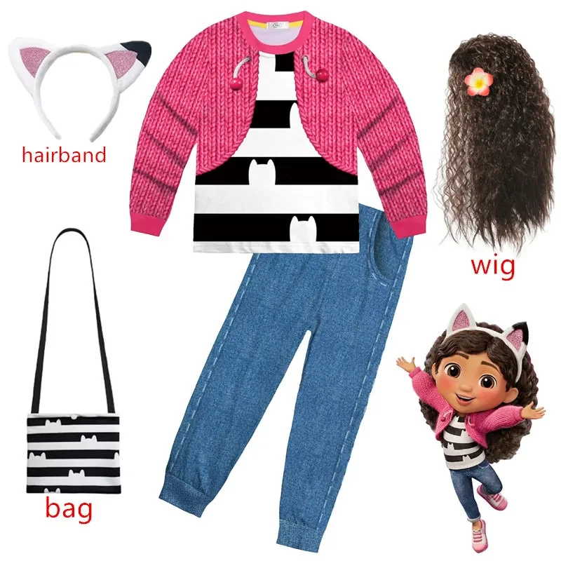 

♥AA Gabbys D-Dolhouse Kids Costume wig Pajama Gabby Cat Girls Long Sleeve T Shirt+Pants Headband Set Children Hallo New 2026
