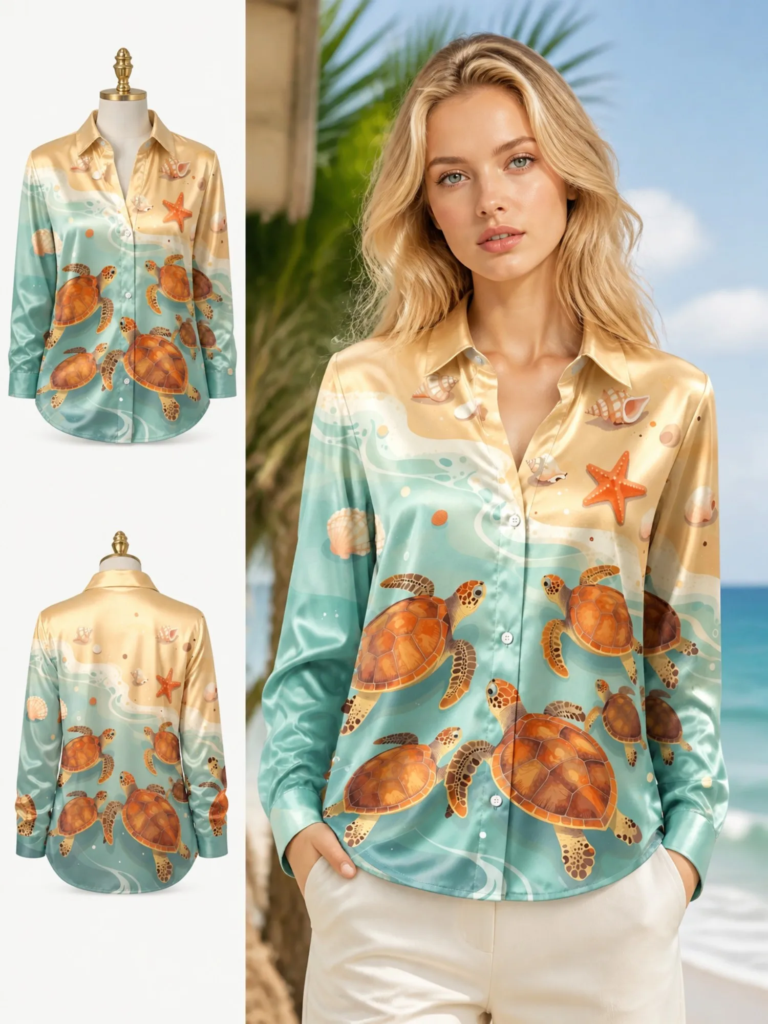 

Beach Sea Turtle Satin Button Shirt for Women Ocean Wave Shell Print Long Sleeve Blouse Tropical Vacation Resort Top