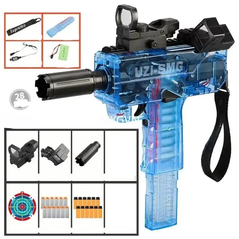 Electric Continuous Firing UZI Soft Bullet Blaster Submachine Gun Model Ideal for Multiplayer Outdoor CS Shooting Battle Toy Gun