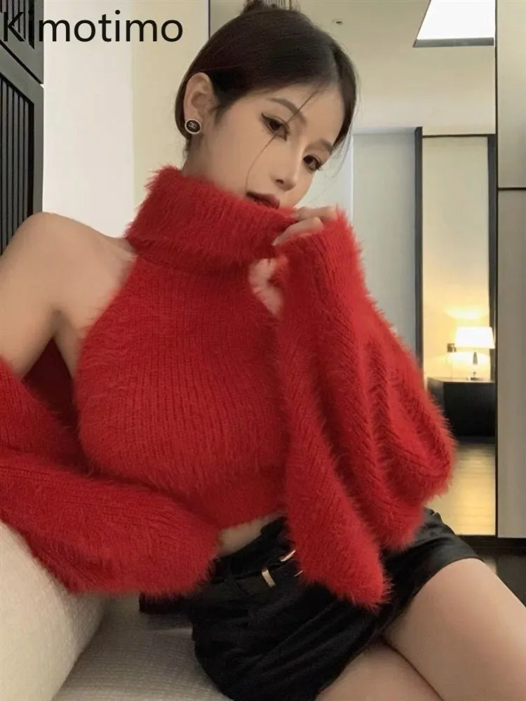 Kimotimo Knitted Top 2 Piece Sets Women Autumn Winter Sexy Turtleneck Sleeveless Vest Short Long Sleeve Sweater Cardigan Suits