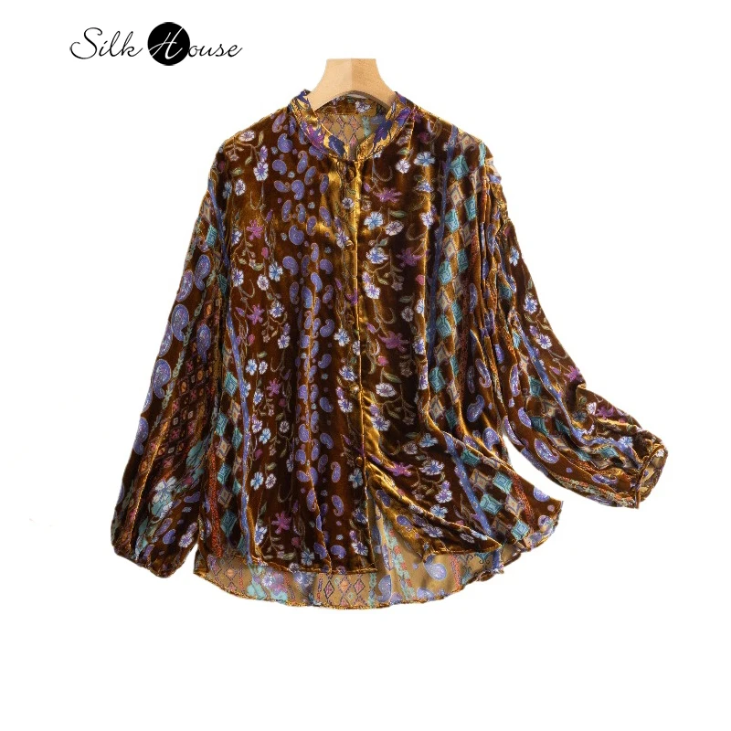 

2026 Women's Fashion Spring Clothing 30% Natural Mulberry Silk Velvet Brown Printed Stand Up Collar Long Sleeve Versatile Top