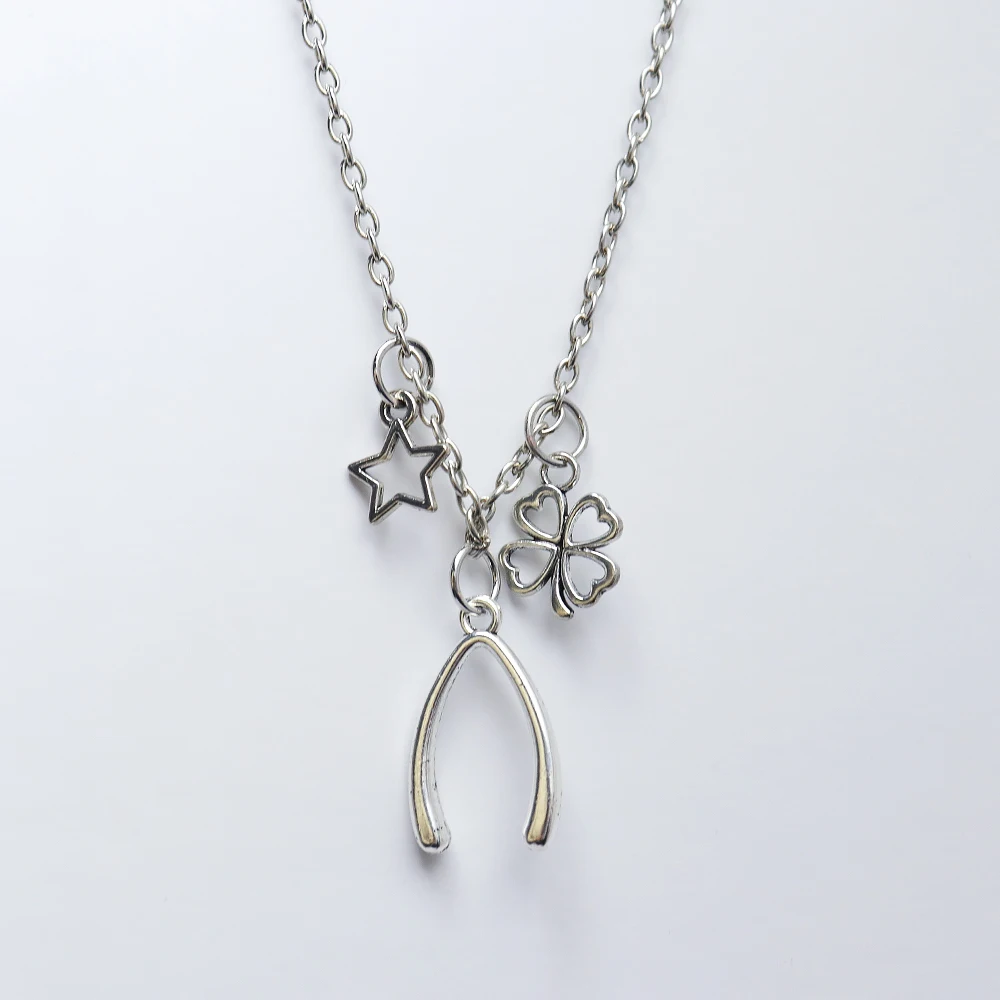 Vintage Wishbone Necklace for Women, Lucky Four Leaf Clover Star Pendant Necklace, Retro Alloy Dainty Choker Jewelry Gift