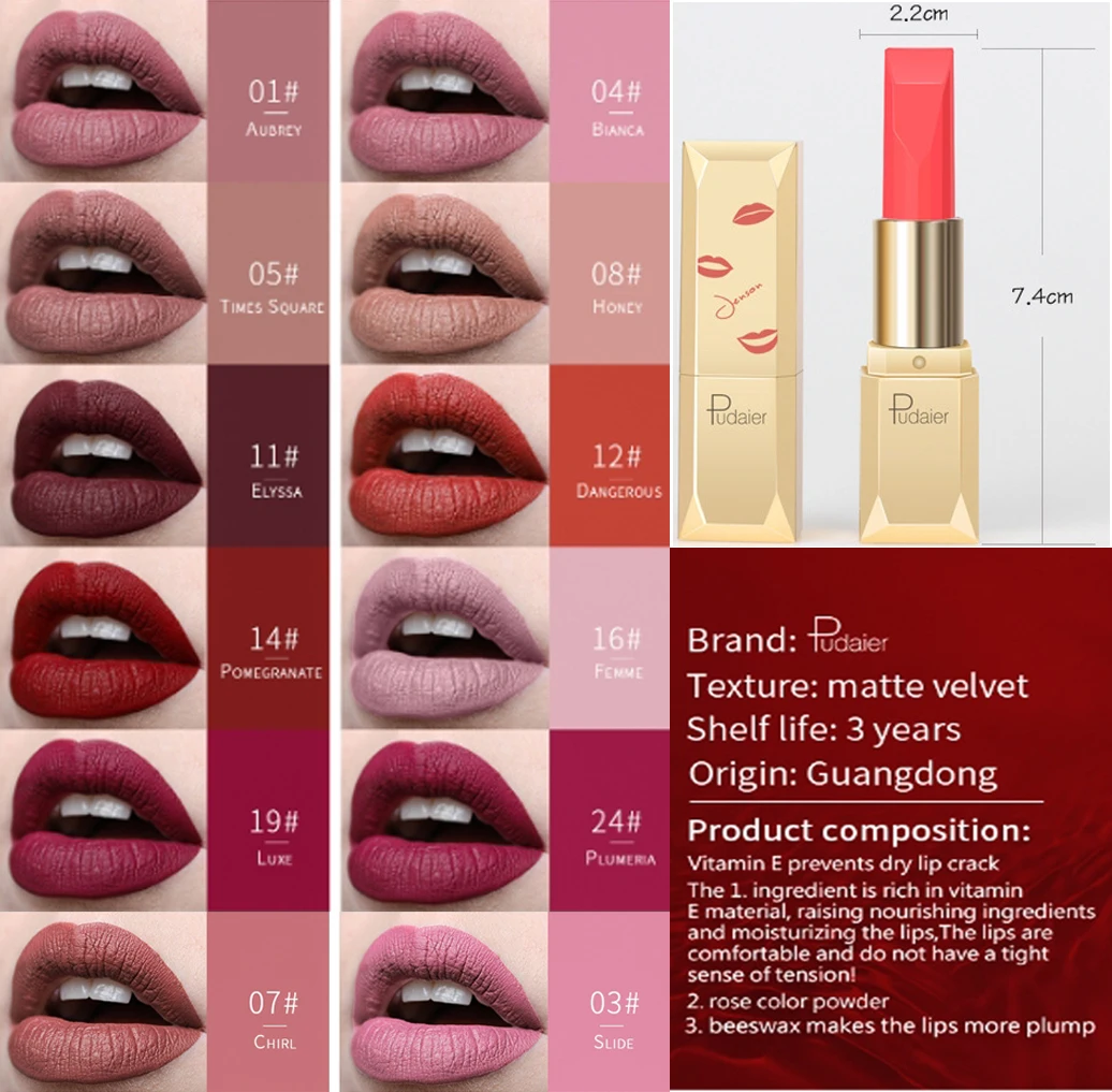 Pudaier Waterproof Velvet Matte Lipstick Makeup Easy To Wear Longstay Nude Lip Stick Long-Lasting Matte Lips Sexy Red Cosmetics