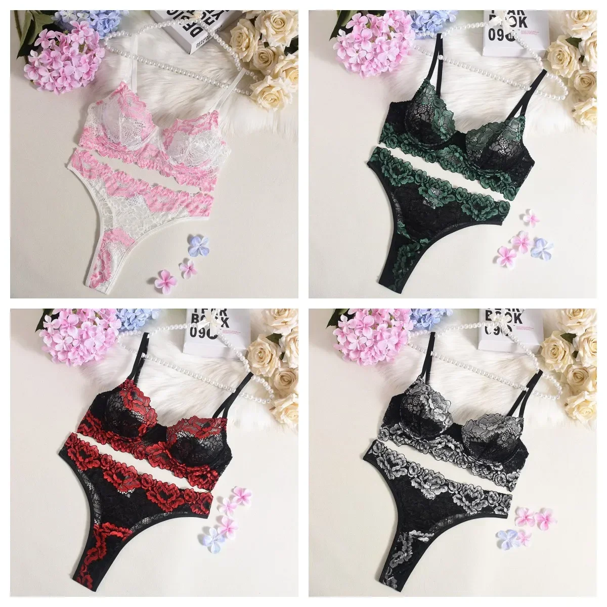 Sexy high-quality female print bra set, lace flower push-up bra underwear set colorblock Bra and Briefs