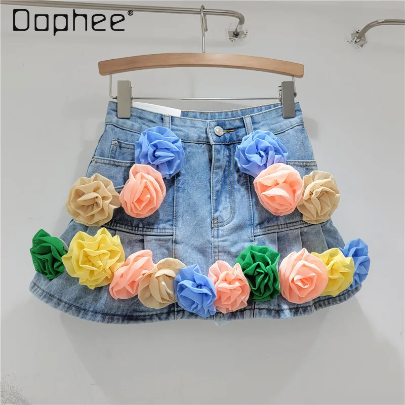 

Sweet High Waist Pleated Skirt Women 2024 Summer New Korean Style Three-Dimensional Flower Decoration All-Matching Pantskirt