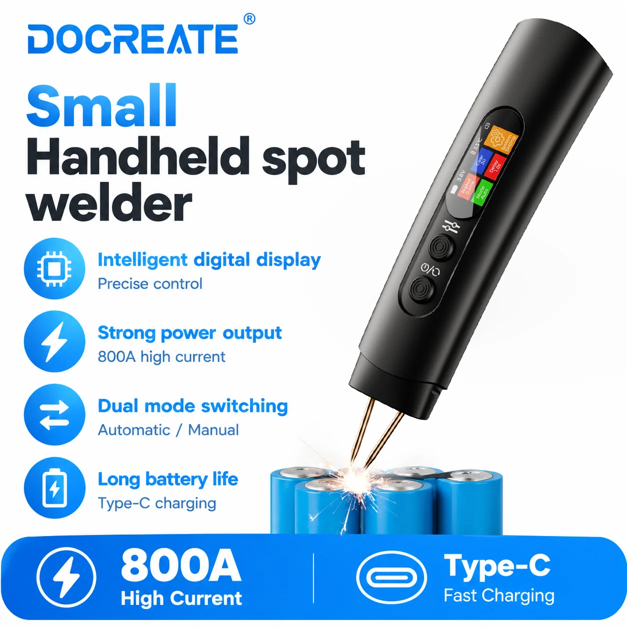 Docreate-798 HU-10B 800A Portable Spot Welder 3360W Handheld Battery Welding Machine 1.4 Inch Color LCD Safety Protection