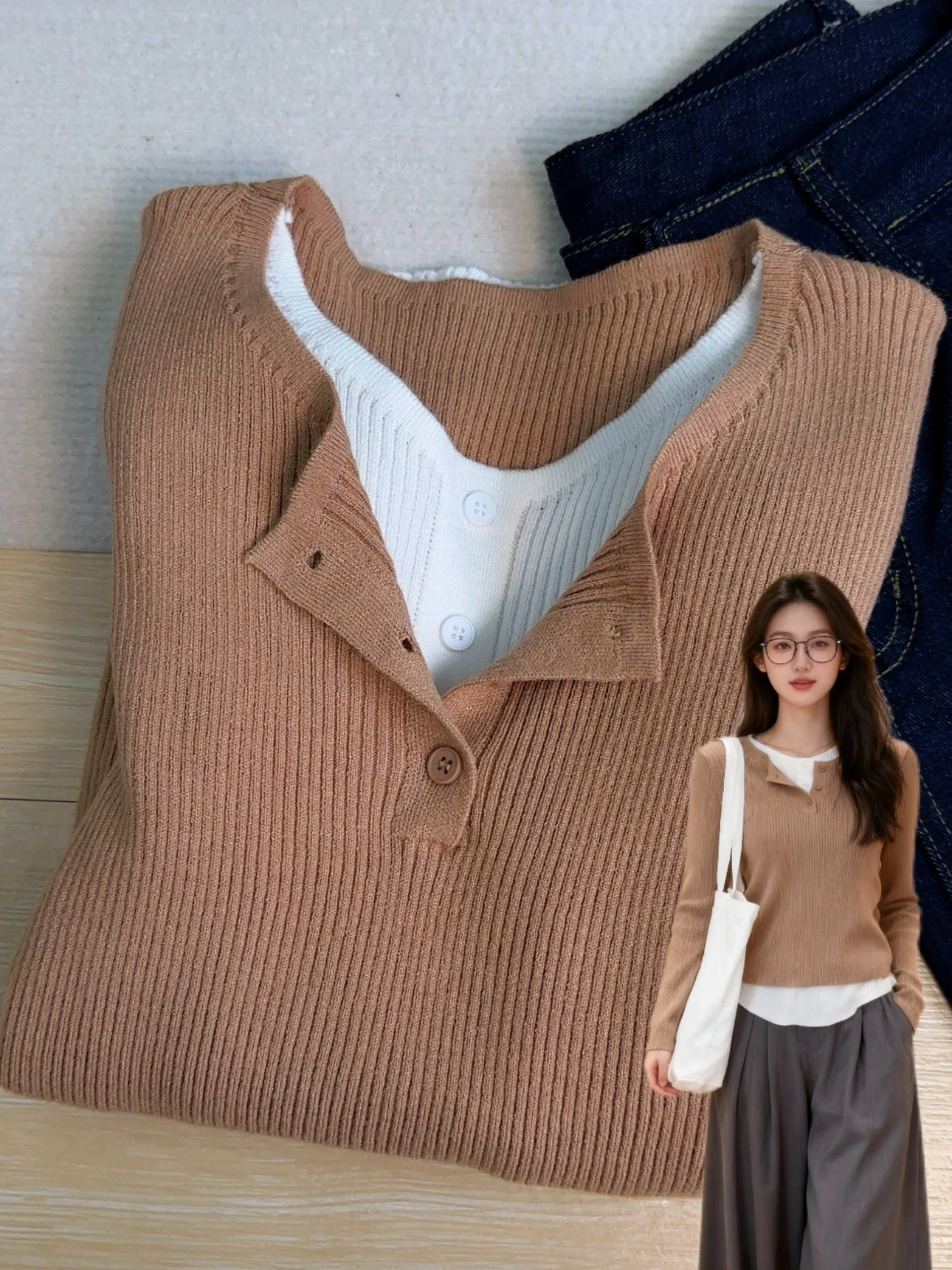 

Elegant Knitted Long Sleeve Women's Base Shirt Beautiful Design Sense Shoulder High Quality Autumn Fashion Inner Wear Top
