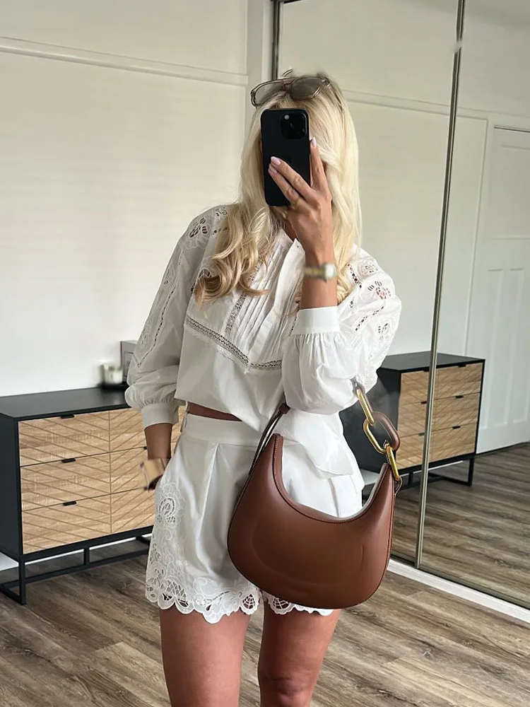 

HH Women 2 Piece Set Elegant Solid Hollow Embroidery Decoration O-Collar Blouses Top+Summer High Waist Pleated Chic Shorts