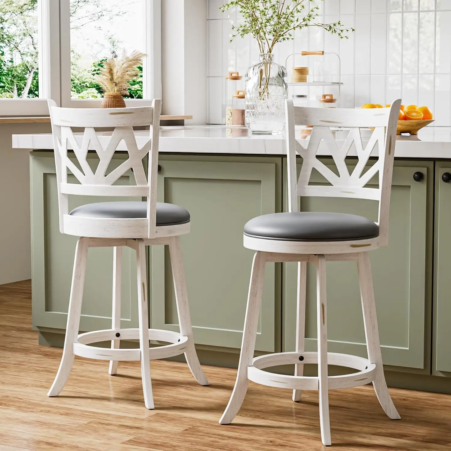 

24in Swivel Bar Stools Set of 2 Counter Height with Backrest Solid Wood Legs Footrest Kitchen Island Pub, Customized