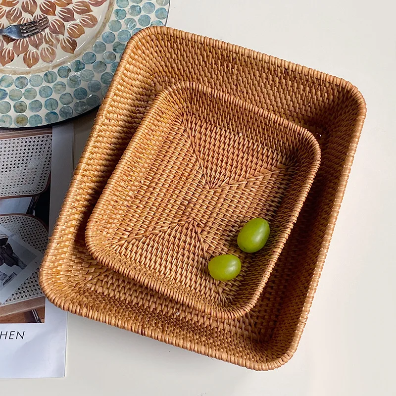 

Handwoven Rattan Basket, Rectangle Bread Basket, Storage Basket, Food Fruit and Vegetable Serving Basket, Display Tray