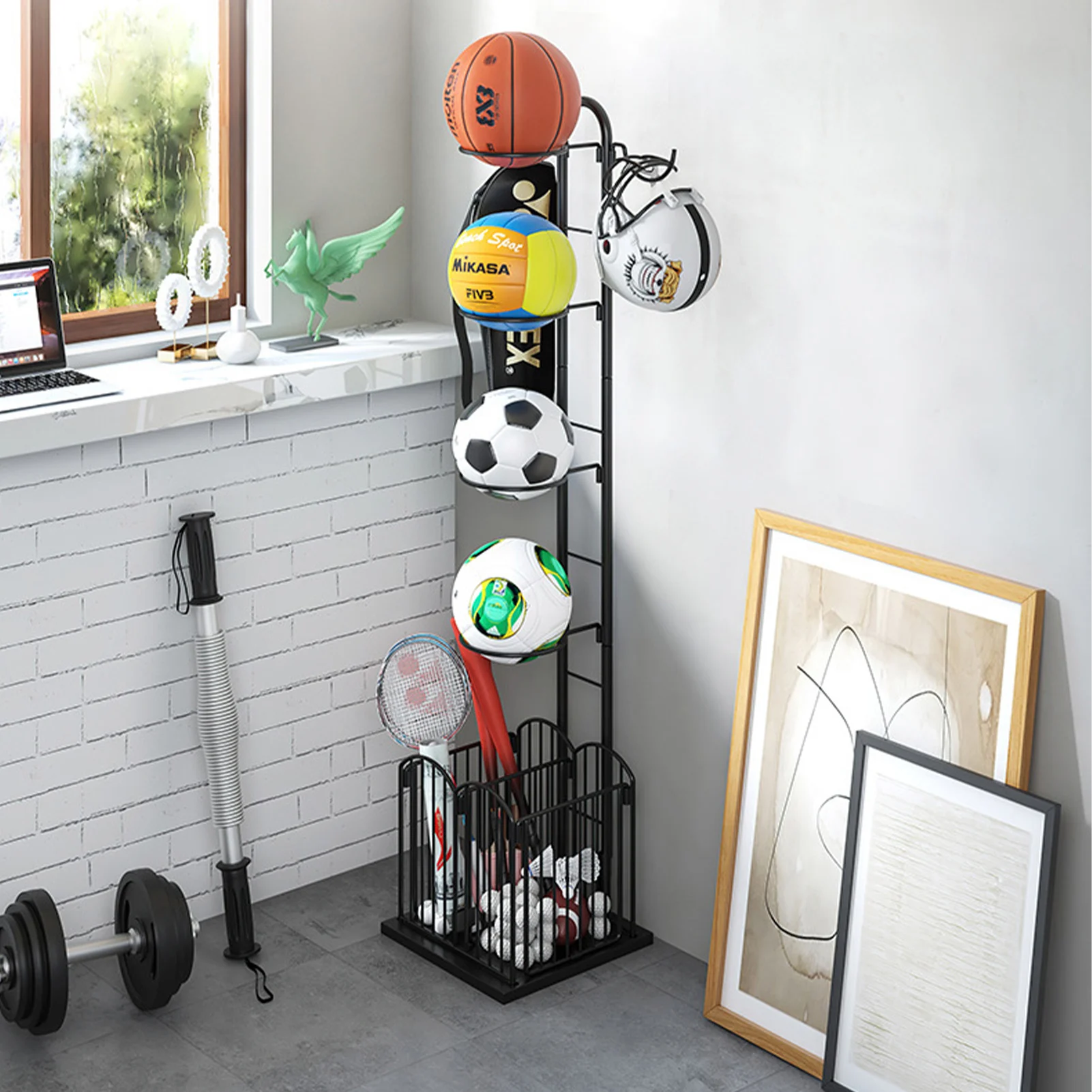 Black Metal Basketball Display Storage Rack Shelf Balls Holder Space Saver For Indoor Assemble