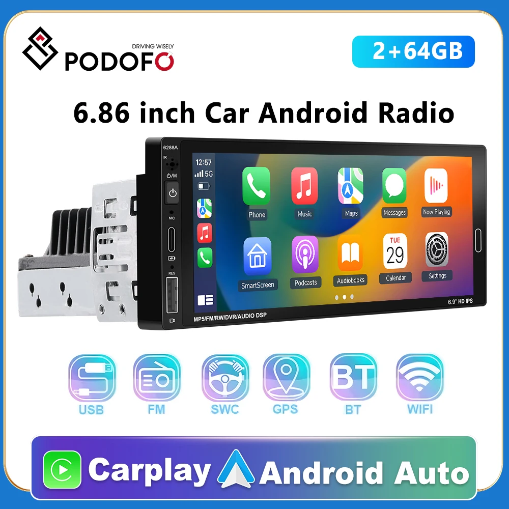 

Podofo 2Din GPS Car Stereo Radio 9.5'' Carplay MP5 Player with Bluetooth WIFI GPS FM Radio Receiver Suppport Rear Camera