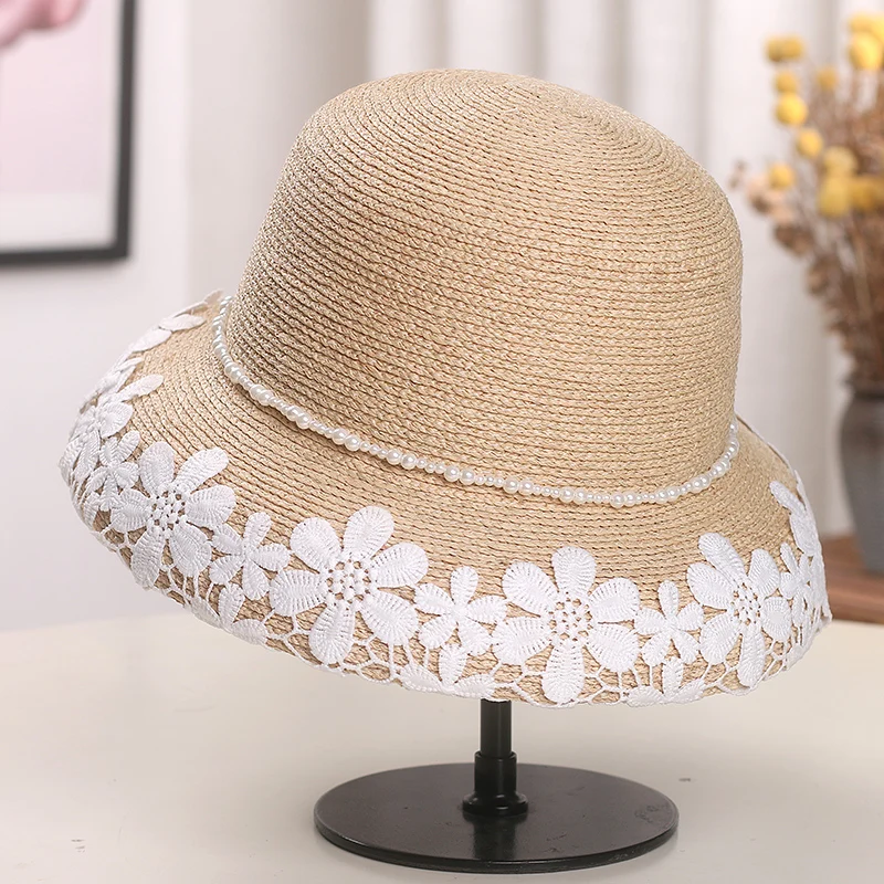 レトロレースパール大きなつば日焼け防止フィッシングキャップ女性の夏の麦わら帽子エレガントなトラベルキャップ若々しいシックな日よけ帽子