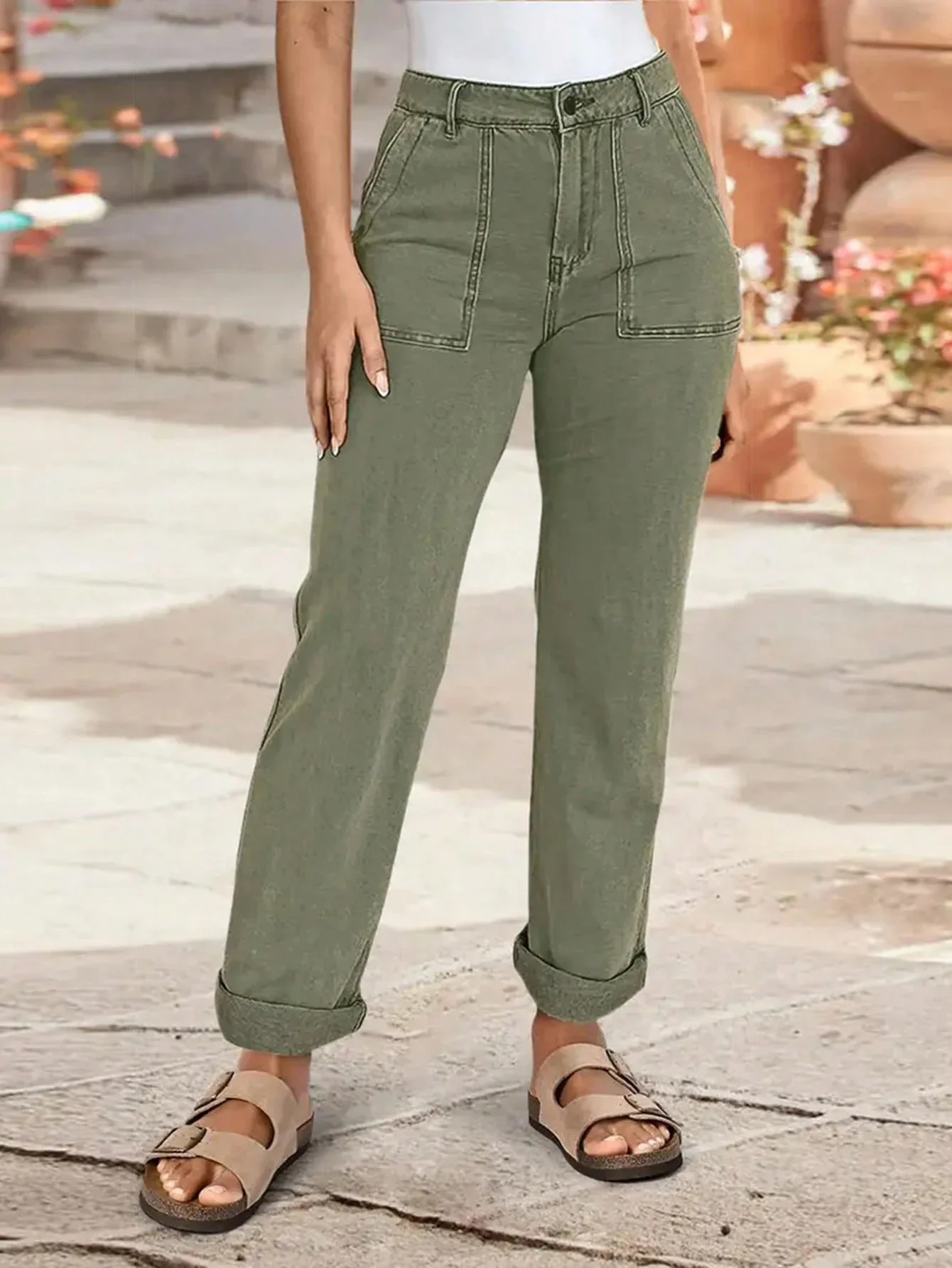 

Women's Mid-Waist Solid Color Elastic Straight Leg Jeans Casual Spring Autumn