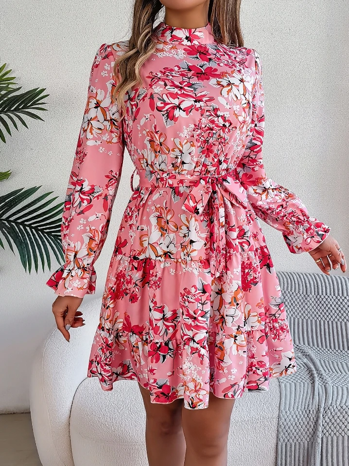 Women's Dress Elegant Commuting Stand Collar Floral Print Long Sleeved Ruffled Tie Detail Mini Dress Trendy A-line Dress