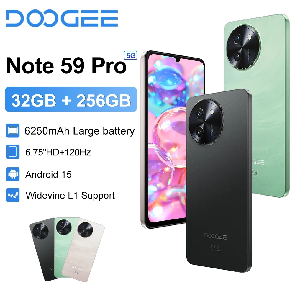 DOOGEE Note 59 Pro Smartphone 5G 6.75" HD+ Telephon Portable 32GB(8+24) RAM+256GB ROM 6250mAh 16MP Android 15 NFC Mobile Phone