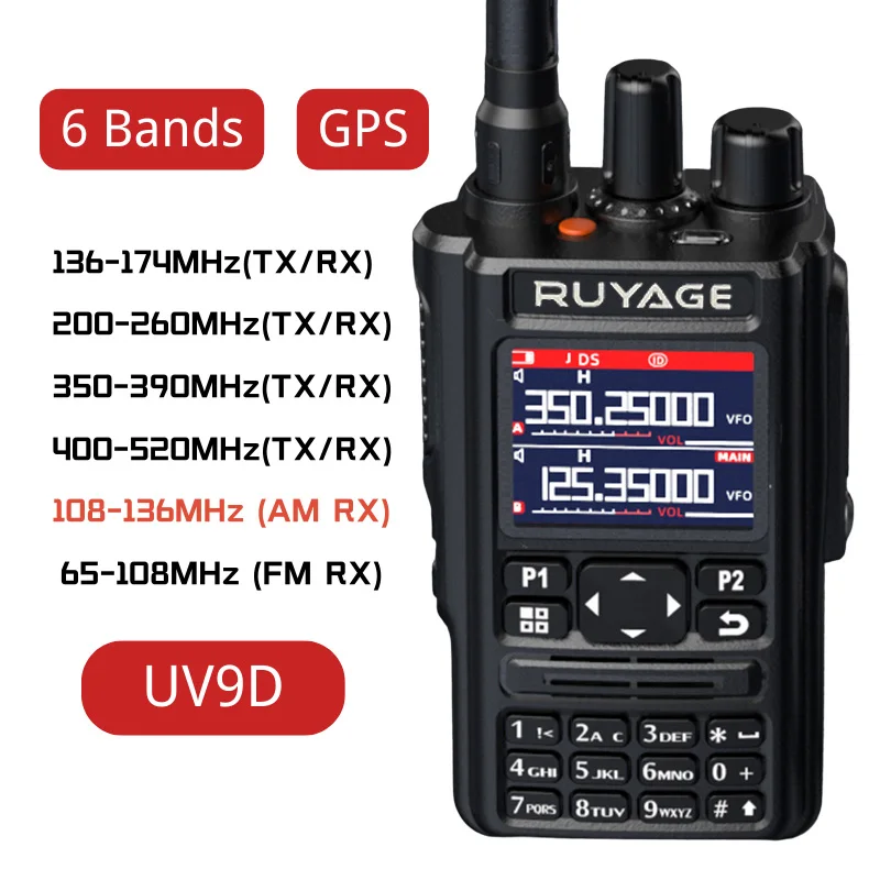 

Ruyage-UV9D Air Band Walkie Talkie, GPS, 6 Bands, Amateur Ham, 256CH, VOX, DTMF, SOS, LCD Color, Police Scanner, Aviation