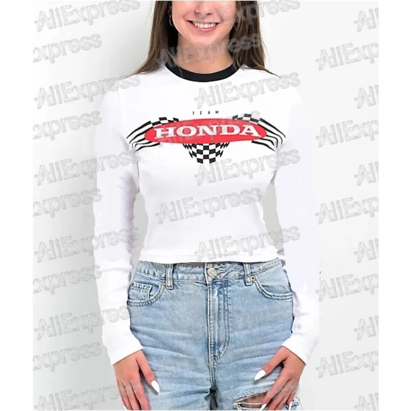 

Honda European and American hot girls 2025 Summer Autumn motorcycle style letter print round neck long sleeve slim women's tops