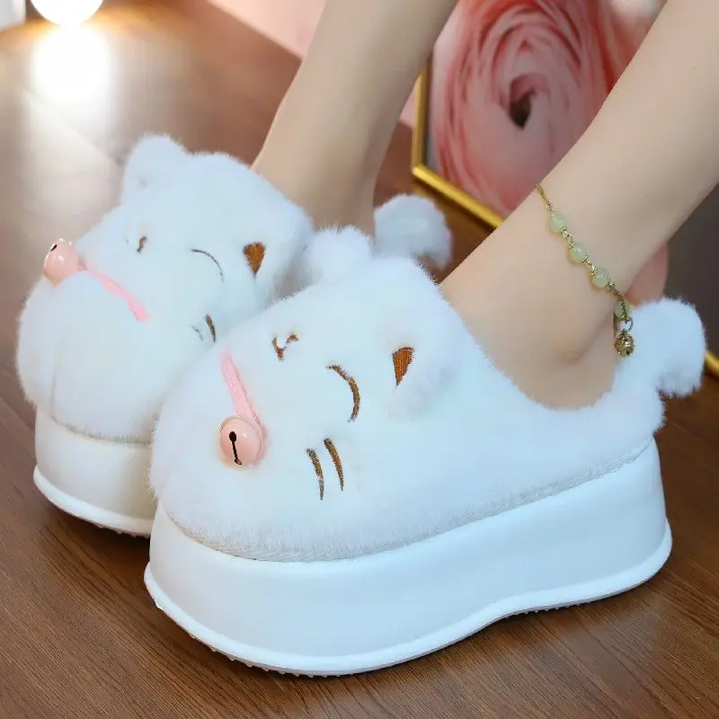 2024 new winter slippers women fur slides slippers girl lovely cat cotton slippers warm  indoor home platform fluffy slippers