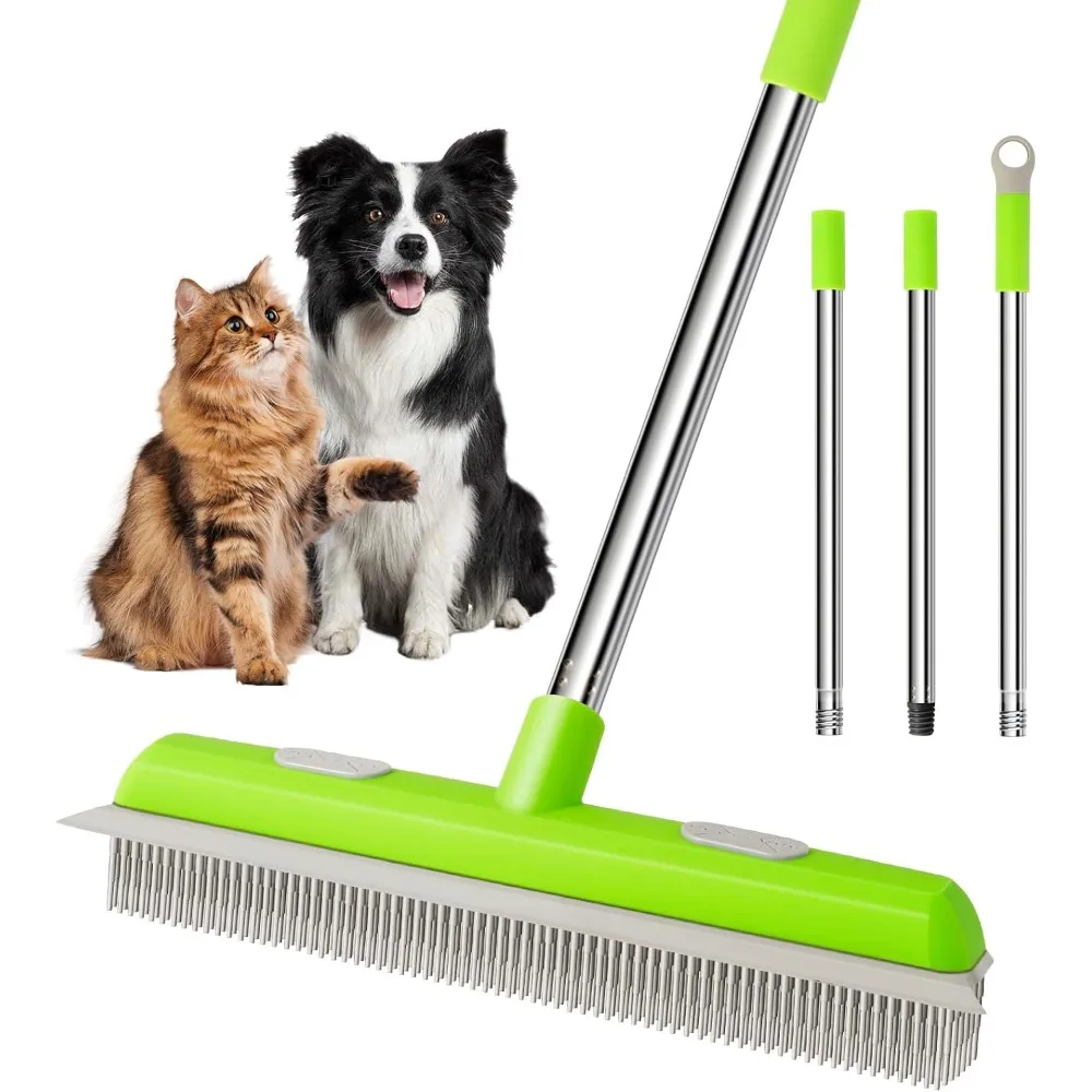 

Pet Hair Removal Rubber Broom, Carpet rake with Squeegee for Cleaning Pet Hair, 52 inch Long Handle Rubber Broom,Dual-Sided for Fluff Carpet, Hardwood Floor, Tile,Green.