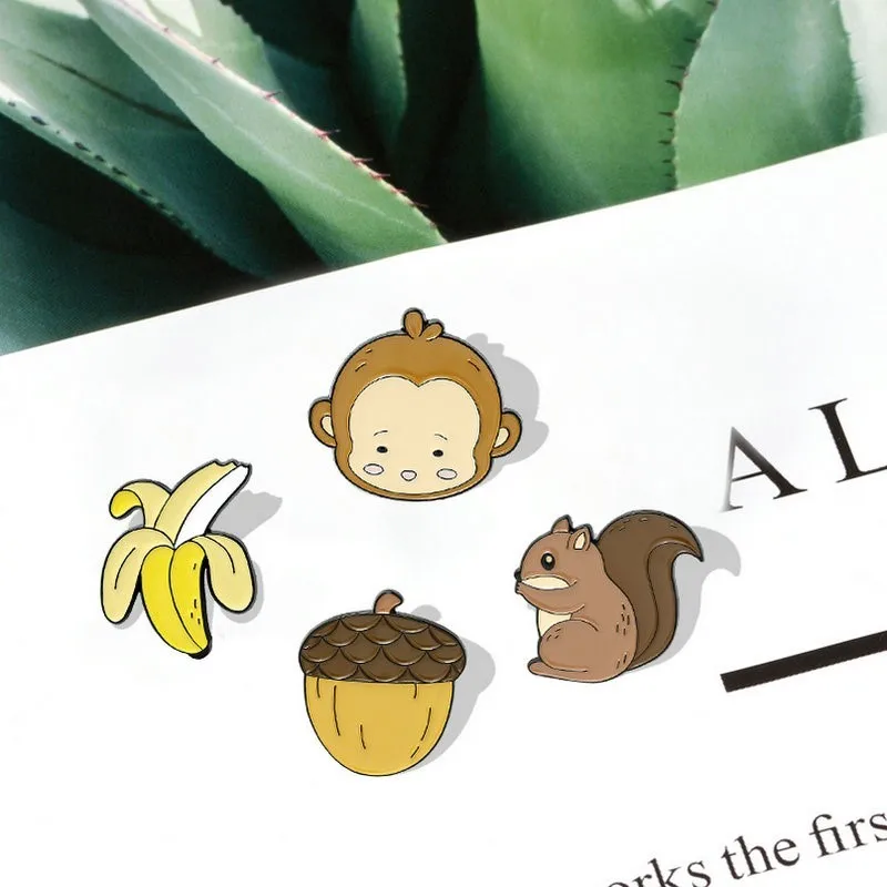 Pins ลิงกล้วยกระรอก Pine Cones นกหัวขวาน Trunk เข็มกลัด Badge กระเป๋าของขวัญเครื่องประดับสําหรับเพื่อนเด็กสัตว์ป่าเคลือบ