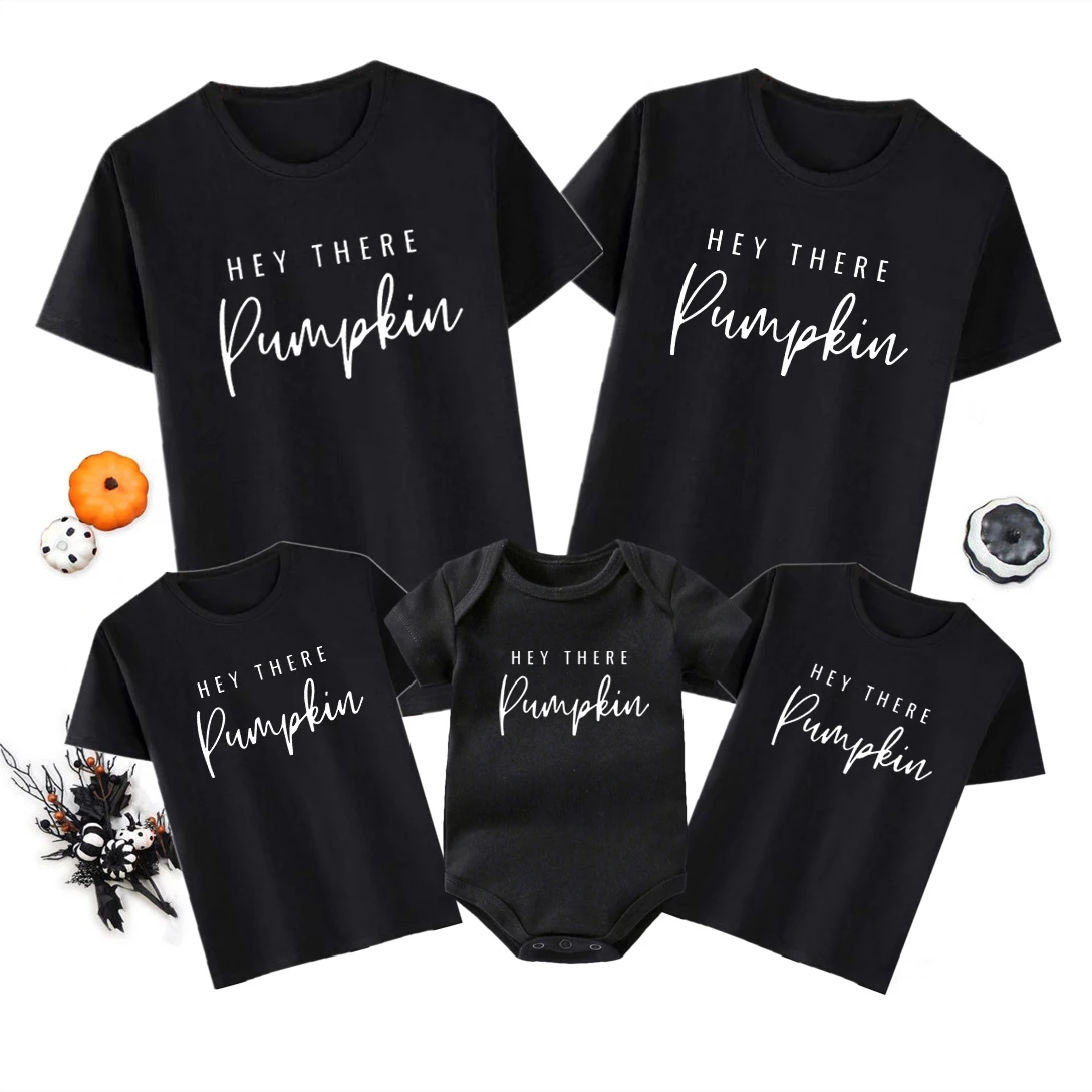 Funny Hey There Pumpkin Family Matching Outfits Daddy Mommy Kids T Shirt Baby Rompers Cotton Family Look Halloween Clothes Shirt