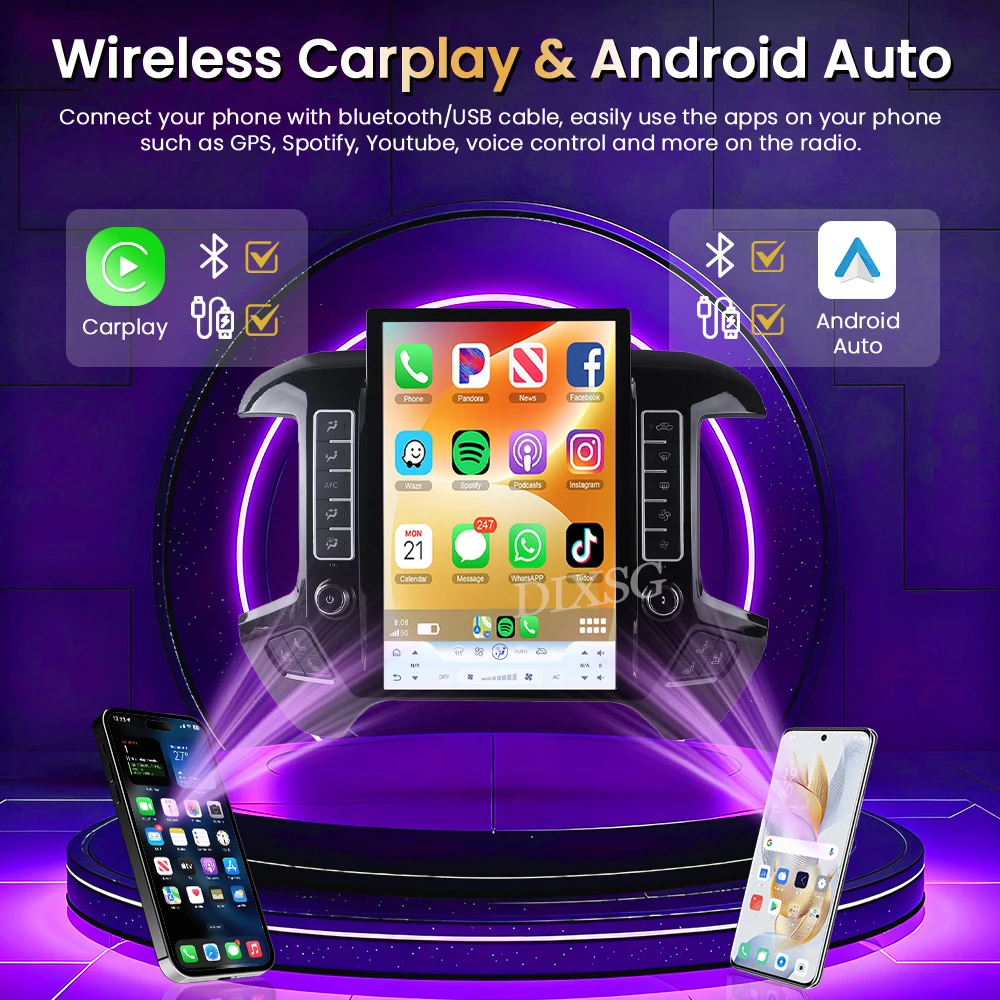 Android 15 Wireless CarPlay For Chevrolet Silverado GMC Sierra 2013-2020 Stereo Replacement Head Unit Tesla Style Bluetooth GPS