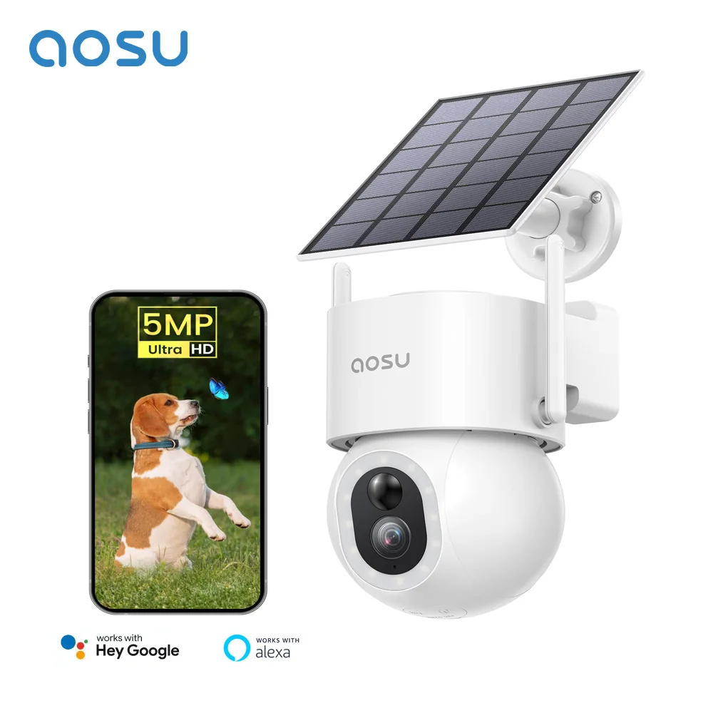 Caméras solaires PTZ AOSU 5MP 9200mAh sans fil pour extérieur, détection AI, caméra de sécurité Wifi, vision nocturne couleur, audio bidirectionnel, caméra CCTV