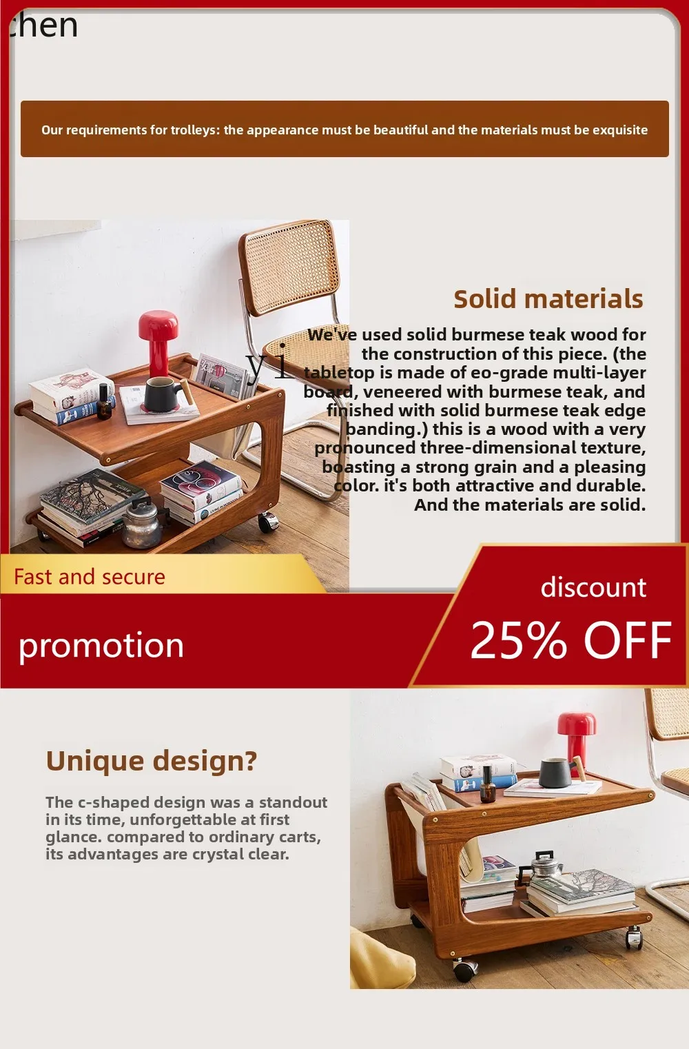 

ZML Teak Small Cart Movable Vintage Living Room Sofa Side Storage Coffee Table Side Table