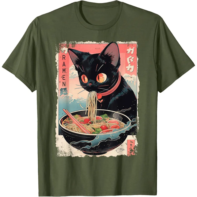 

Cute Cat Pattern T Shirt For Women Delicious Noodles 3D Printed Short Sleeves Summer Leisure Tees O-Neck Loose Tops T-Shirts