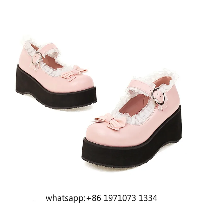 Women Men Cosplay Shoes Sweet Lolita Ruffles Bowknot Lace Bridal Wedding Girls Wedges Heel Princess Dress Pink Black Big Size 48
