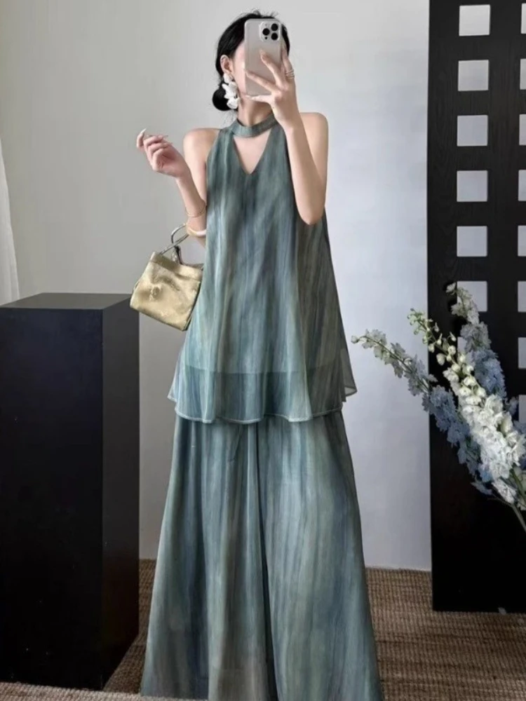 

2 Pieces Skirt Sets for Women Sleeveless Vacation 2025 Vintage New Matching Clothing Luxury Korean Style Tie Dye Woman Outfit