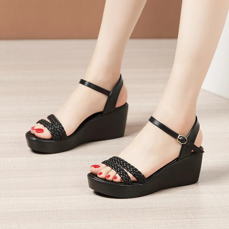 High quality summer wedge sandals for women 6cm mid heels new 2024 size 32 33 42 43 platform open toe elegant shoe white black