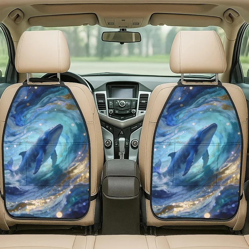 Car Seat Back Covers With Storage Pockets, Whale Blue Galaxy Ocean Print, Fantasy Art Style