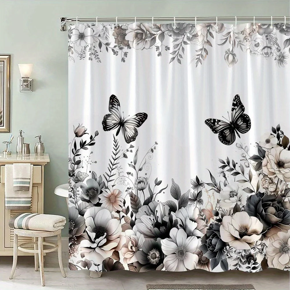

Black White Floral Shower Curtain Waterproof Fabric Bathroom Curtains Butterfly Flower Bath Screen Divider Home Decor With