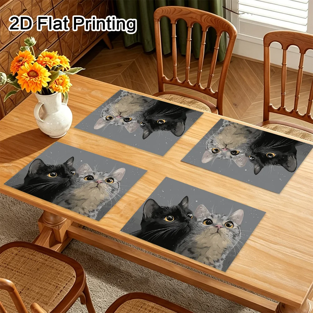 Modern Minimalist Black & Gray Placemats Suitable for Kitchen, Dining Table - Rectangular Table Mats with Feline Face Print