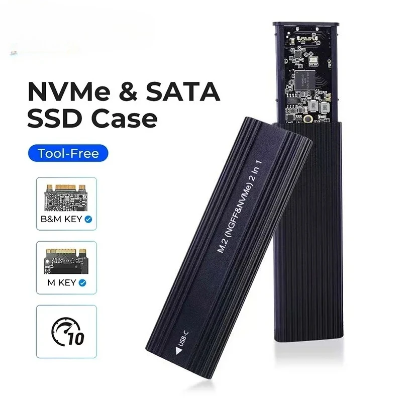 M.2 NVMe SATA SSD Enclosure 10Gbps Single/Dual Protocol M.2 to USB Type C 3.1 SSD External Hard Drive Case Support M Key/B+M Key