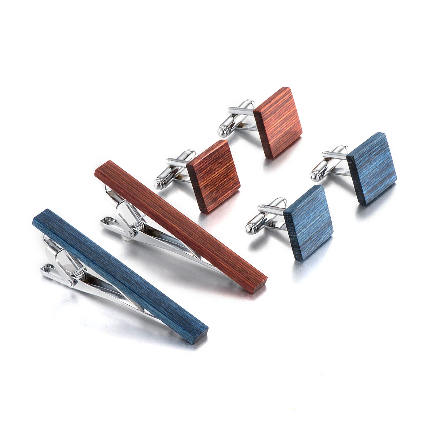 Wooden Tie Clip and Cufflink Set For Men Classic Tie Clips Cufflinks Sets Copper Tie Bar Brown Blue Tie Collar Pin Jewelry Gift