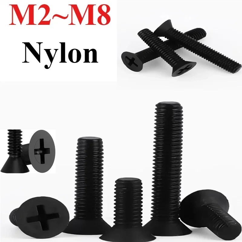 

Black Nylon Countersunk Head Screws Flat Head Cross Groove Plastic Cross Head Bolts M2 M2.5 M3 M4 M5 M6 M8 Length 4~ 40mm