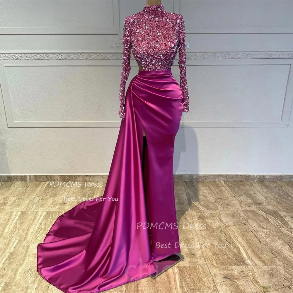 Elegant Arabic High Neck Mermaid Evening Dresses High Side Split Fuschia Shiny Sequined Formal Prom Dress Party Gowns for Women