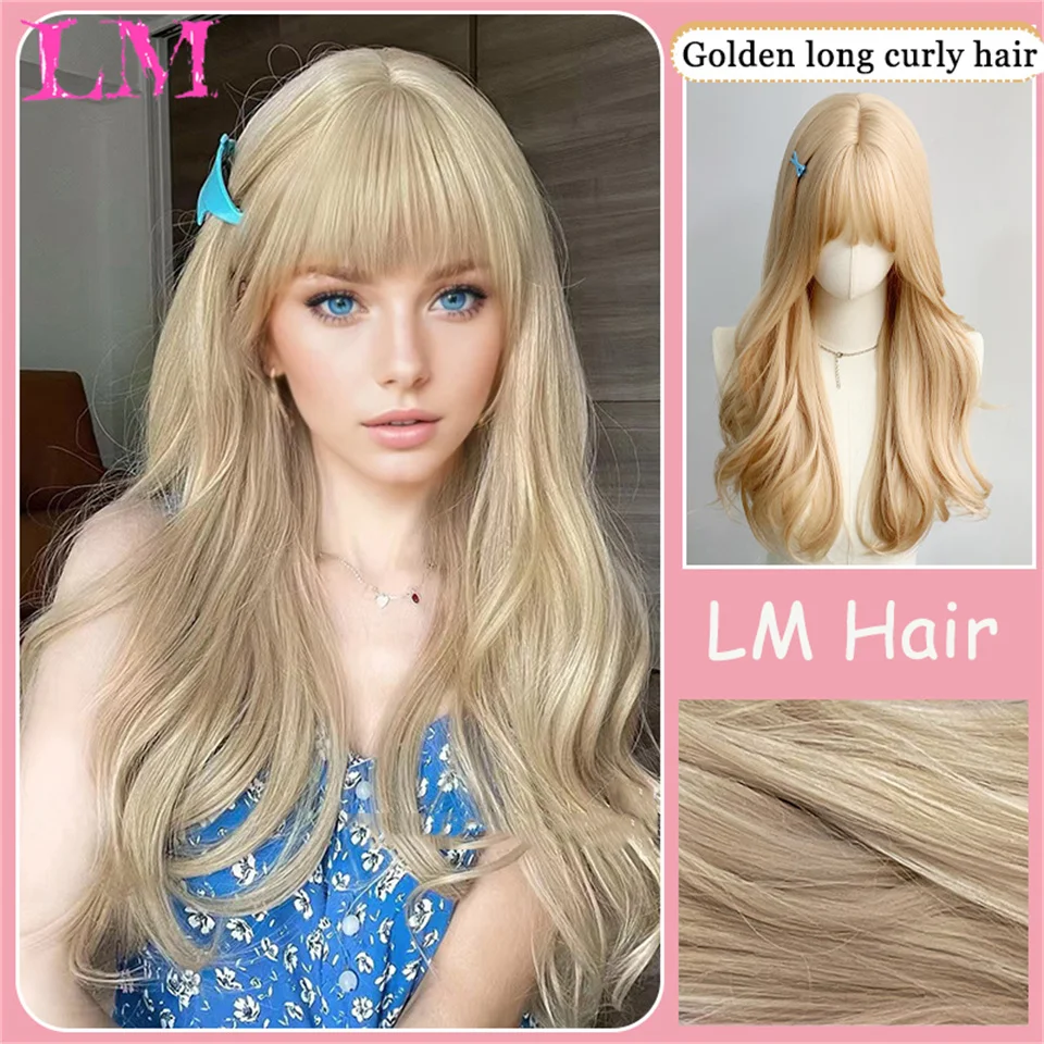 LM Long Wave Wig Women Wig with Bangs Blonde Cospaly Lolita Daily Party Syntetyczne peruki Włókno termoodporne Naturalne sztuczne włosy