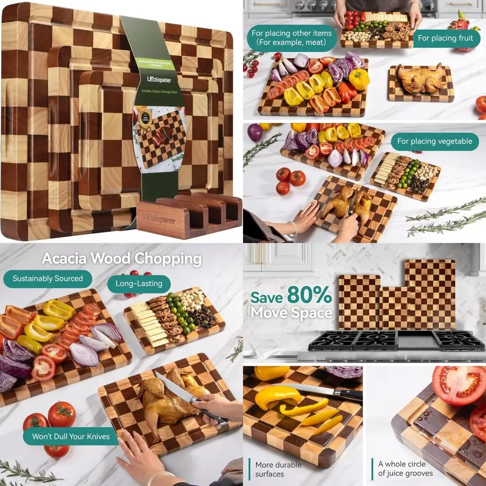

Wooden Chopping Board Set, Acacia Wood, 3-Piece Kitchen Cutting Board with Holder, Deep Juice Groove for Efficient Food Preparat