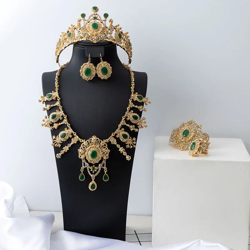 Luxury Crystal Bridal Jewelry Set Hand Inlay Rhinestones Retro Court style Necklace Earrings Bracelet Ring Crown 5pcs/set