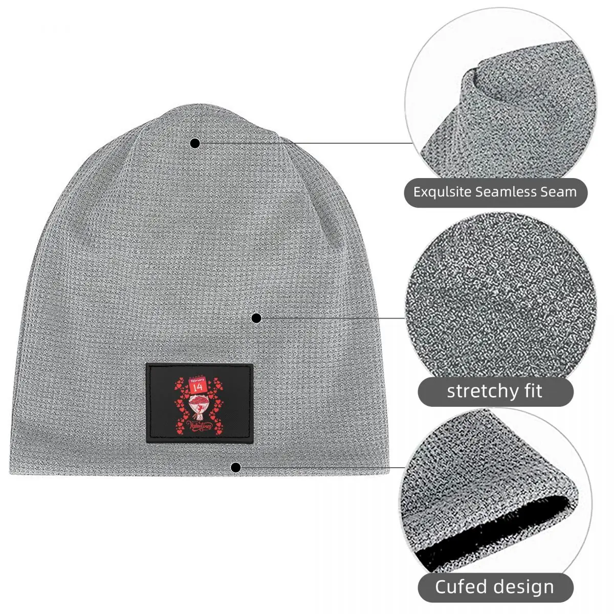 Happy Valentine's Day – February 14 Waffle Knit Fleece Lined Beanie with PU Leather Patch Unisex Warm Winter Soft Cap