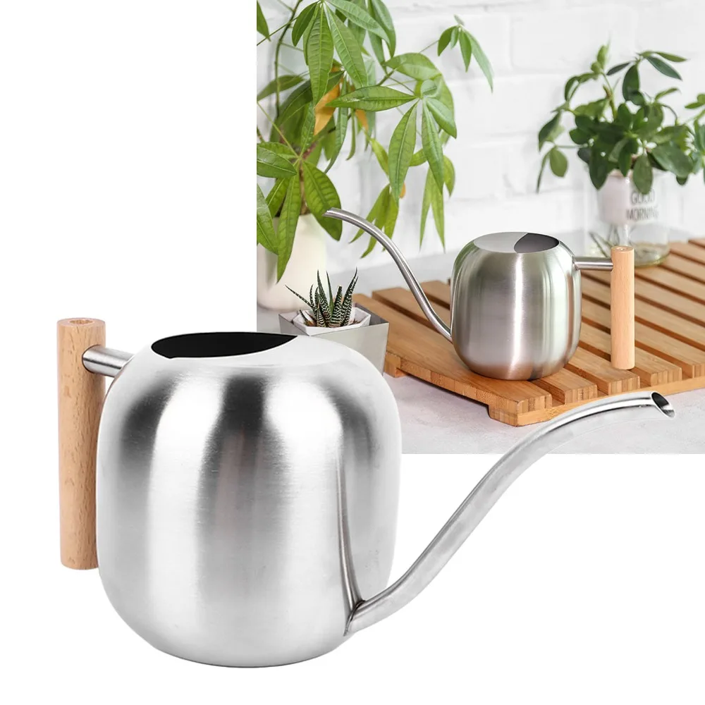 1200ML Watering Can Long Spout Wooden Handle Flower Watering Pot Anti-Slip Handle Stainless Steel Garden Watering Can